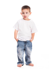 little boy in white shirt isolated on white background