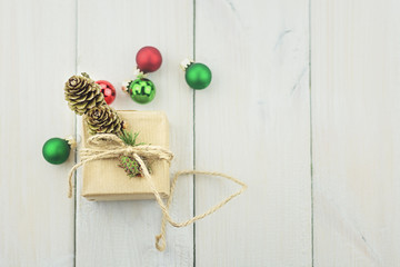 small box tied with a rope decoration sprig of Christmas tree, C