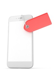 White smart phone with red price tag on white background. Identification, price, label. 3D rendering.