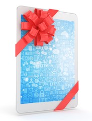 White tablet with red bow and blue screen. 3D rendering.