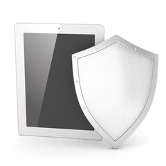 Tablet PC and shield on white device security concept. 3d rendering.