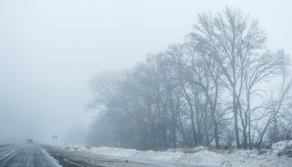 Fototapeta premium foggy country road with dirty snow and trees on sides