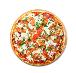 Delicious pizza with mushrooms and smoked sausages