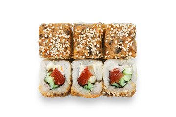 Set of tempura sushi rolls isolated at white
