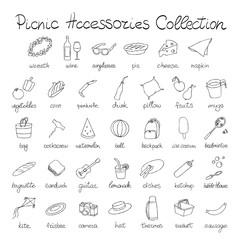 Hand Drawn Doodle Picnic Icons Set. Vector Illustration Barbecue Sketchy Symbols Collection. Cartoon Summer Picnic Elements with Captions. Food, Drink, Outdoor Vacation Accessories