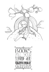 Vector illustration with cute girl sitting under the tree and reading book and educational motivating lettering about books and how they color our life. Isolated on white image with sky, rainbow, girl