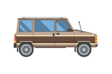 Adventure car in flat design. Old minivan for travel. Vector voyage auto in retro colors isolated on white background.