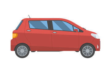 Modern red car in flat design. New hatchback for rent and travel. Vector voyage auto in retro colors isolated on white background.