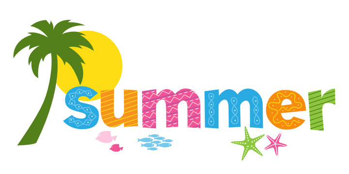"SUMMER" colourful vector lettering in How Chunky font with seaside icons
