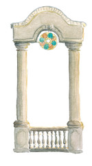 Watercolor hand drawn architecture illustration of classical arch with multicolor glass circle art