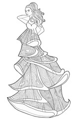 Coloring book page for adult. Woman in a long dress. Fashion.