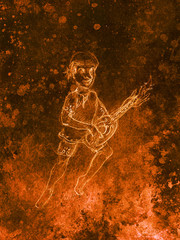 Man (Dwarf) plaing lute. pencil sketch on paper, Color effect. Original hand draw.