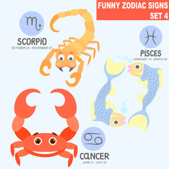 Funny zodiac signs. Zodiac signs set. Vector illustration.