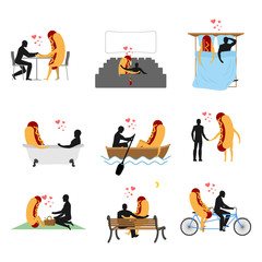 Love for hot dog set. Man and fast food in cinema. Lovers in bat