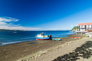 Fototapeta premium Boats in Achao village, Quinchao island, Chile