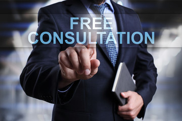 Businessman is pressing on virtual screen and selecting Free consultation.