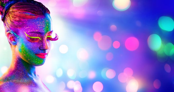 Uv Woman Portrait - Creative Fluorescent Makeup - Neon Body Painting 
