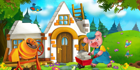 Cartoon scene of hard working pig - building a house - illustration for the children © agaes8080