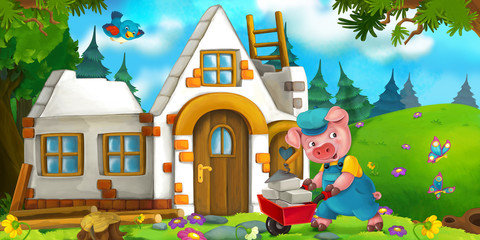 Cartoon scene of hard working pig - building a house - illustration for the children © agaes8080