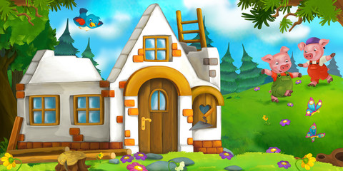 Cartoon scene of a pig working while his pig brothers are playing at the field - illustration for children