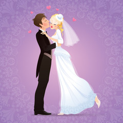 Vector illustration with groom kissing his charming and shyness bride