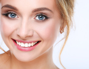 Portrait of beautiful woman on white background