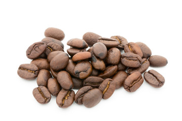 Coffee grains and leaves isolated on the white backgrounds.
