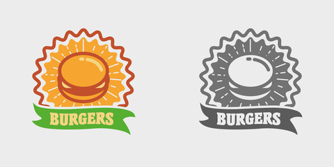 Vector vintage fast food logo, icon or badge concept with burger. Hipster burger sign. Monochrome and color