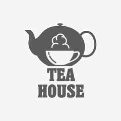 Tea house logo or label design template with tea pot and cup.