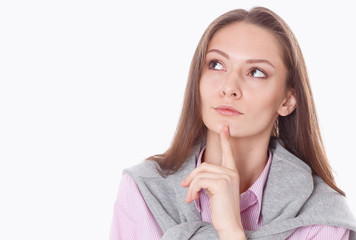 Young woman standing on the white background