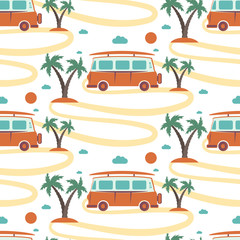 Seamless pattern of retro Bus with surfboard in beach with palms