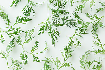Green dill on a white background. Pattern. Ornament. Food background