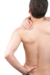 Bared guy is suffering from backache