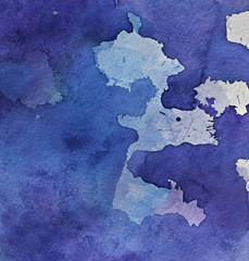 Blue watercolor abstract background on paper texture. Lilac, purple and blue aquarelle stains.