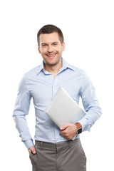 Cheerful male worker is holding a notebook
