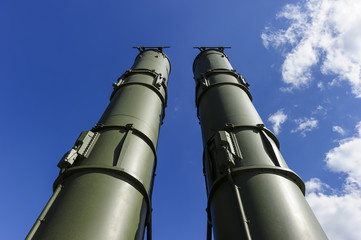 Antiaircraft missile complex, military ballistic launcher with two big missiles ready to attack...