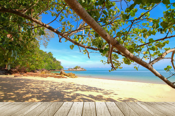 Beautiful beach of south of Thailand with wooden under for put your products.