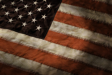 Aged flag of United States. Old American banner. Together we are strong. Country, nation and pride.