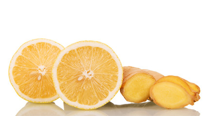 Cut lemon and ginger root isolated on white.