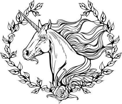 unicorn in frame of flower branches.