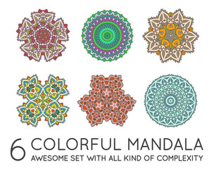 Set of Ethnic Fractal Mandala Vector Meditation looks like Snowf