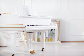white grand piano standing in elegant interior of  palace hall © Mike Orlov