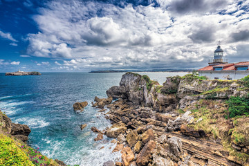 Dramatic view of Península de La Magdalena, Bay of Santander, cultural heritage site, Spain.
