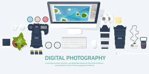 Photographer equipment on a table. Photography tools, photo editing, photoshooting flat background.  Digital photocamera with lens. Vector illustration.