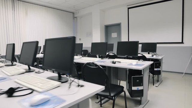 Classroom with computers. Steadicam fly thru auditorium