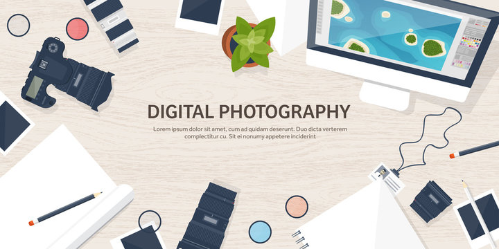 Photographer Equipment On A Table. Photography Tools, Photo Editing, Photoshooting Flat Background.  Digital Photocamera With Lens. Vector Illustration. Wood. Wooden.