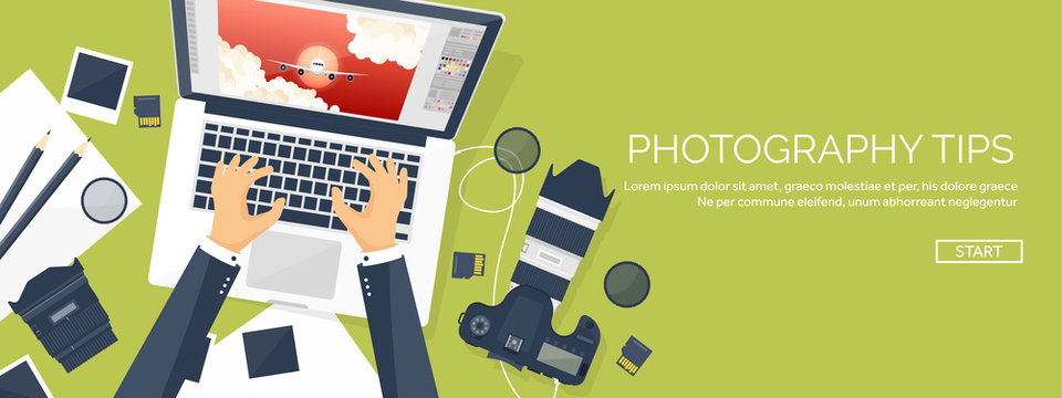 Photographer equipment on a table. Photography tools, photo editing, photoshooting flat background.  Digital photocamera with lens. Vector illustration.