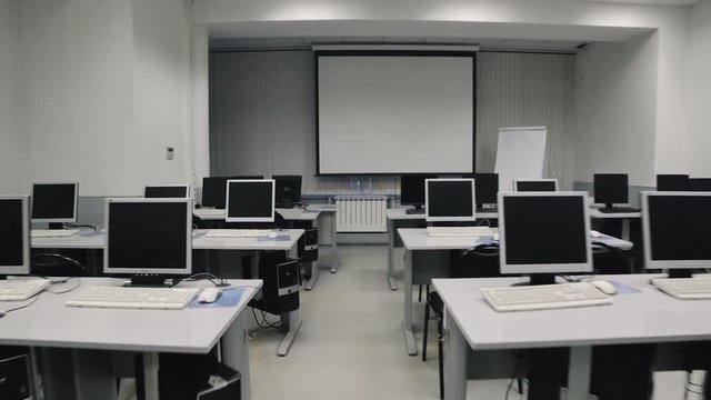 Classroom with computers. Steadicam fly thru auditorium