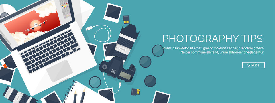 Photographer equipment on a table. Photography tools, photo editing, photoshooting flat background.  Digital photocamera with lens. Vector illustration.