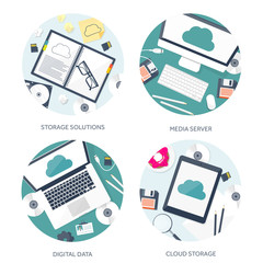 Vector illustration. Workplace, table with documents, computer. Flat cloud computing background. Media, data server. Web storage.CD. Paper blank. Digital technologies. Internet connection.